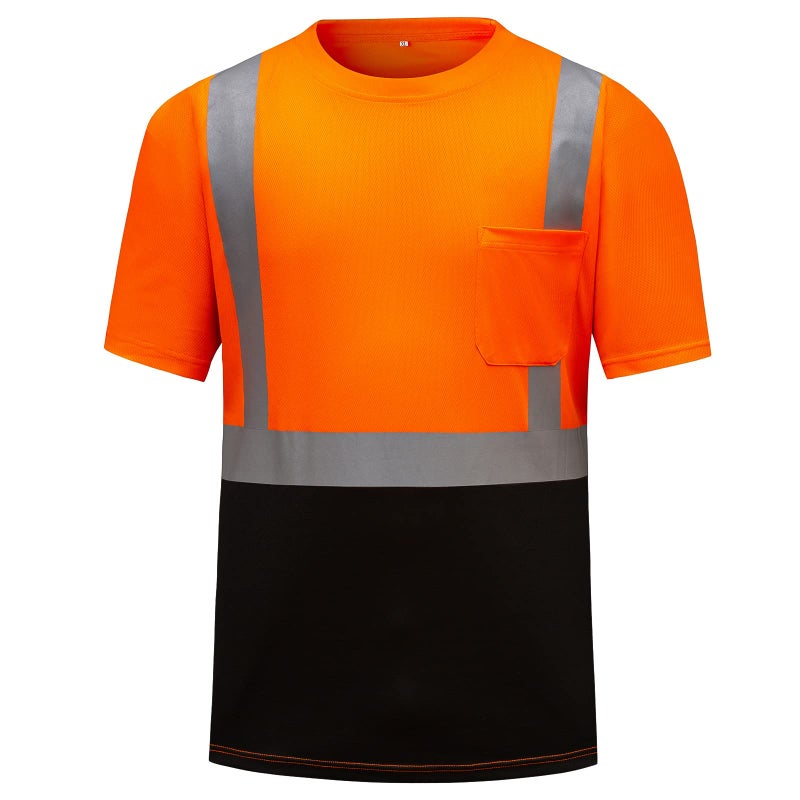 DPSAFETY High Visibility Shirts Quick Dry Safety T Shirts with Reflective Strips and Pocket Short Sleeve Mesh Hi Vis Construction Work Class 2 Shirt for Men/Women Black Bottom Orange,4XL - Image 1
